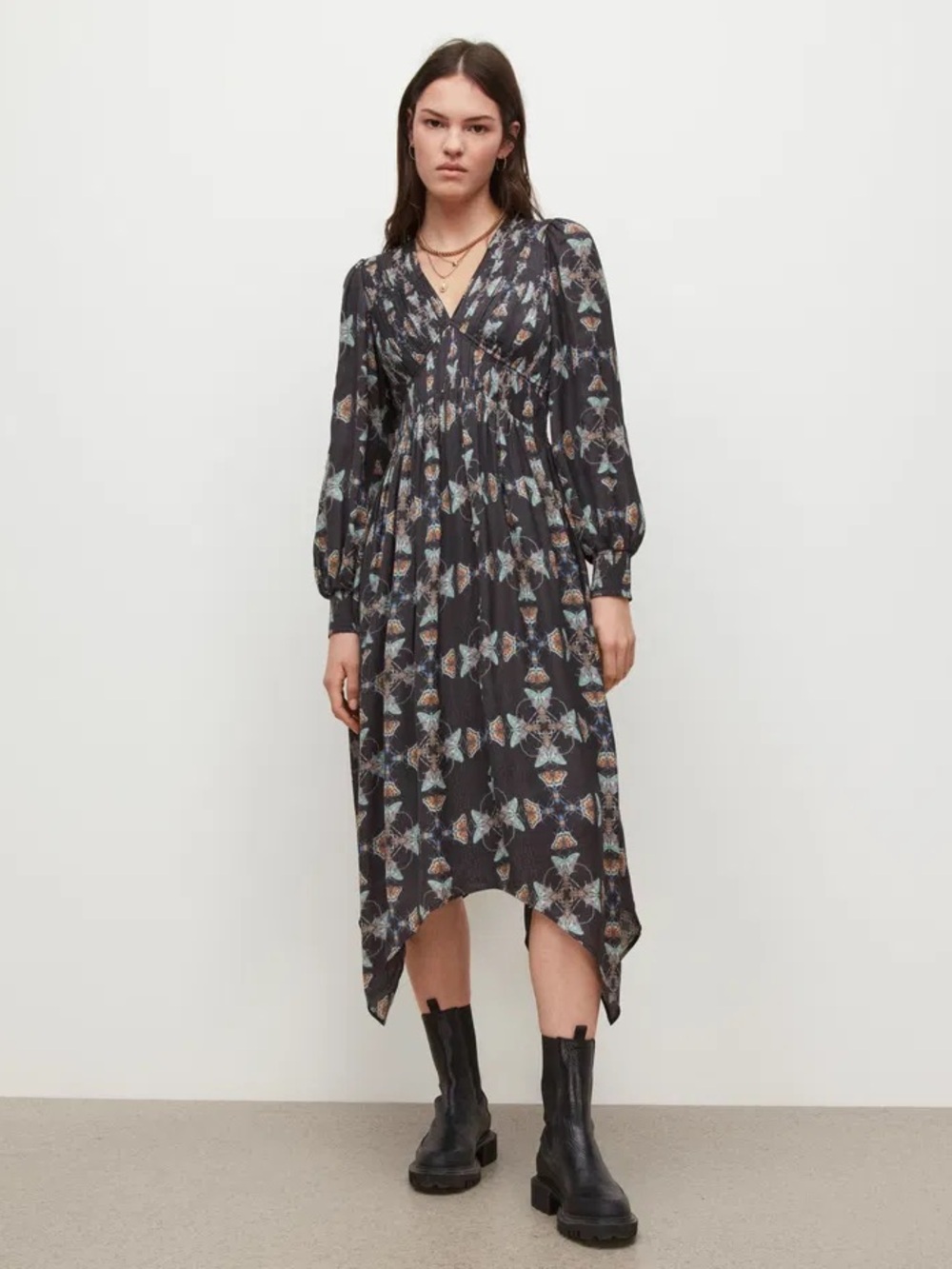 All Saints Butterfly-Print Long Sleeve V-Neck Midi Dress